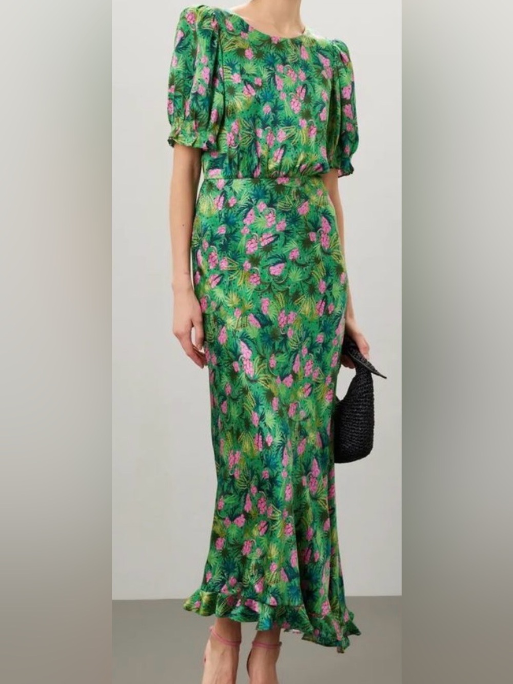 SALONI Green Maxi Dress with Pink Floral Pattern
